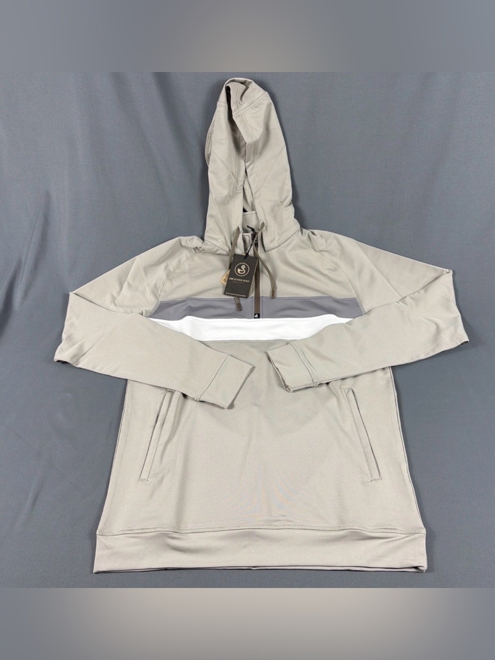 Swannies Golf Hoodie Journey Striped Medium Tan Polyester Spandex NWT MSRP $119